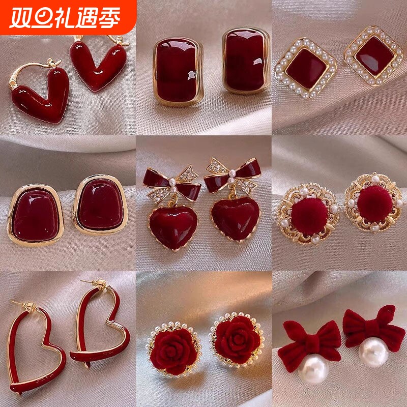 耳环2025新款高级感红色耳饰女蝴蝶结耳钉珍珠耳夹无耳洞结婚秋冬