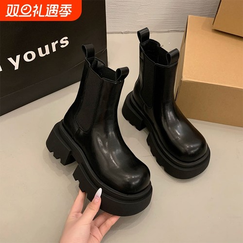 厚底马丁靴女2025秋冬新款英伦风烟筒靴加绒切尔西短靴中筒黑色
