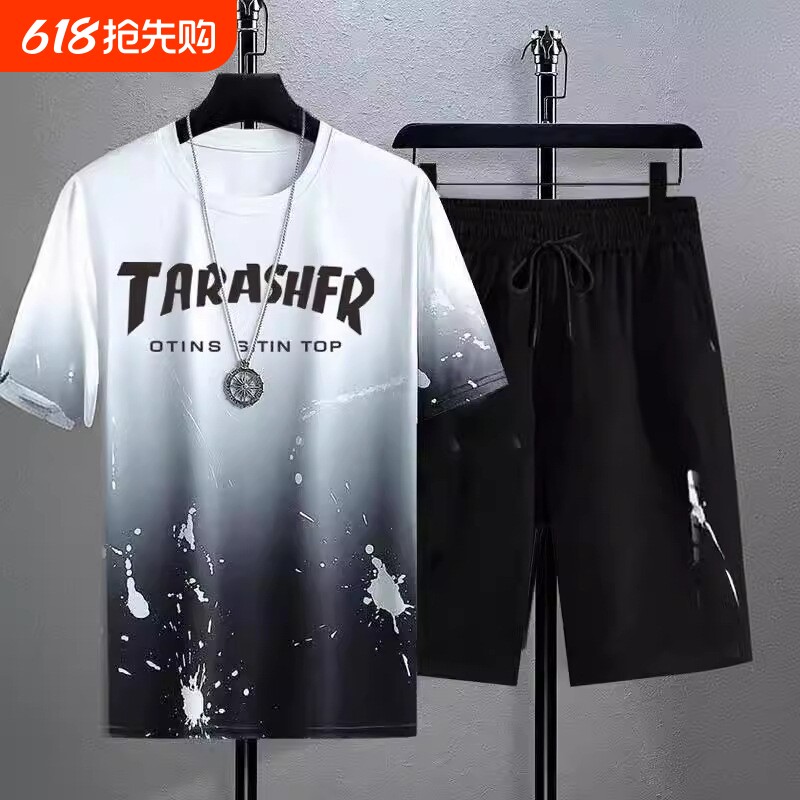 回力速干冰丝渐变套装男短袖t恤夏季休闲短裤运动两件套帅气男装