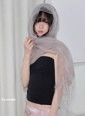 日本maito灰色流苏丝巾女夏薄款欧根纱防晒棉麻围巾亚麻透明纱巾