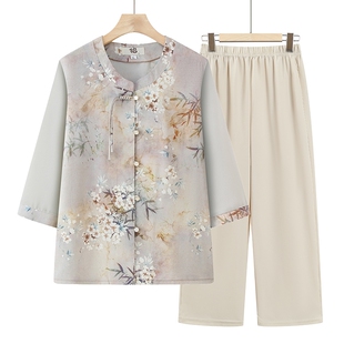 老年人夏季国风衬衫女奶奶七分袖上衣中老年妈妈开衫薄款老人衣服