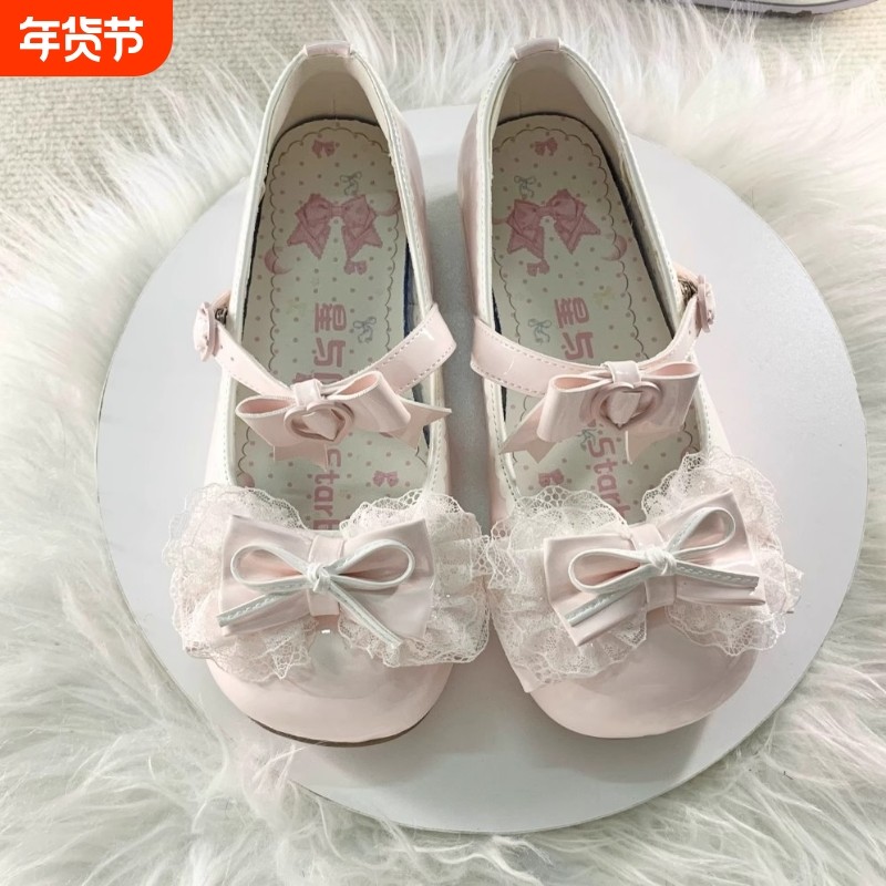 原创lolita鞋子蕾丝蝴蝶结芭蕾圆头低跟洛丽塔小皮鞋JK粉色单