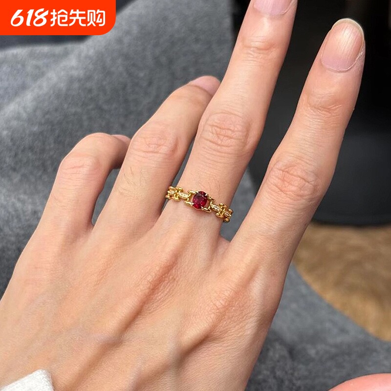 法式镂空链条戒指轻奢仿鸽血红锆石百搭气质点钻指环开口可调节