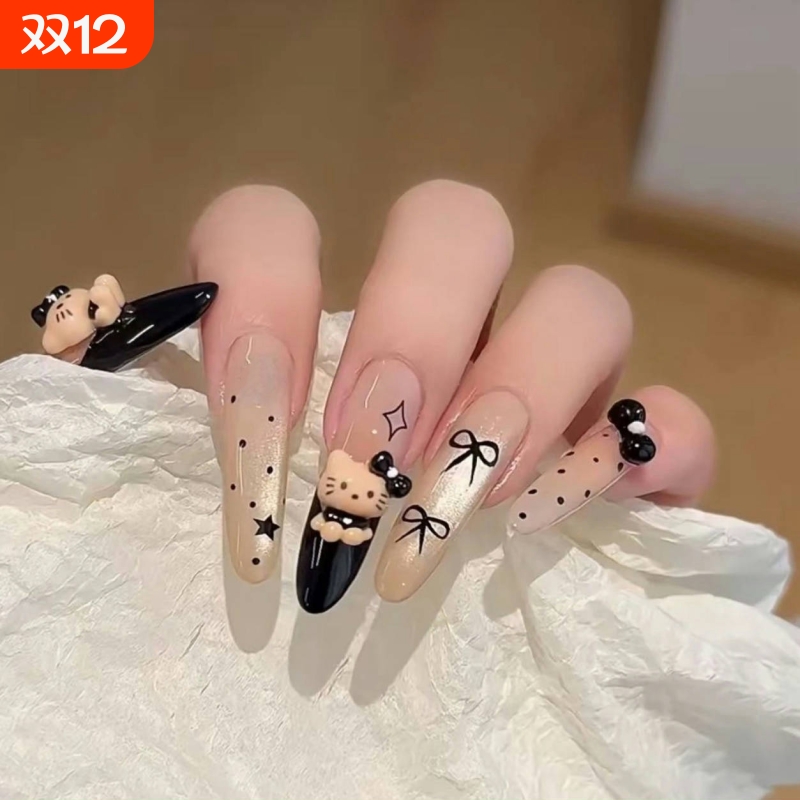 手工穿戴甲黑法式高级感可爱黑皮Kitty猫眼美甲贴片显白蝴蝶新年