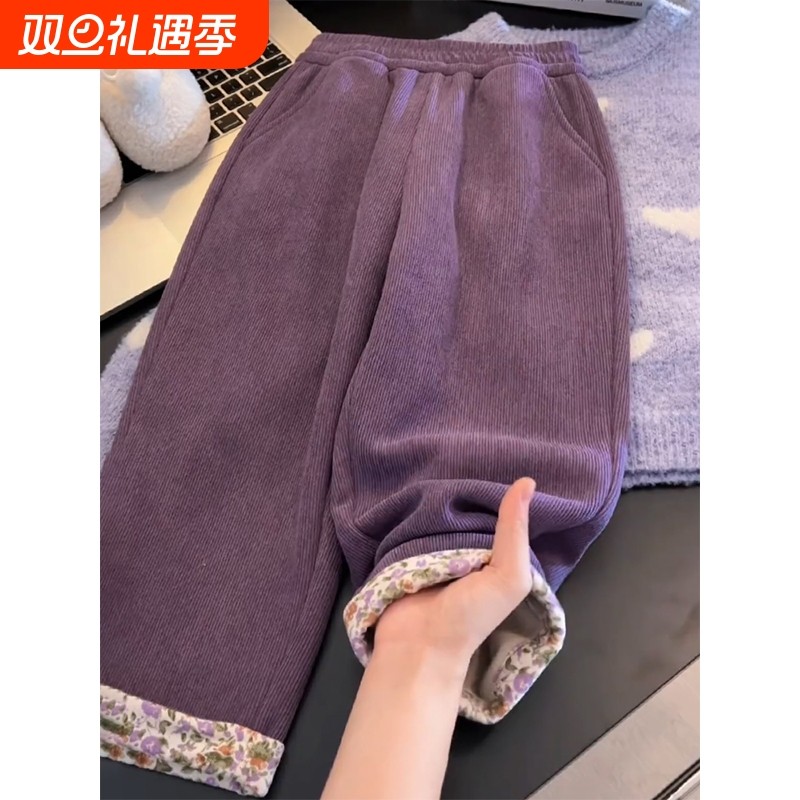 女童裤子冬装2025新款儿童加绒运动裤中大童冬季灯芯绒阔腿长裤潮