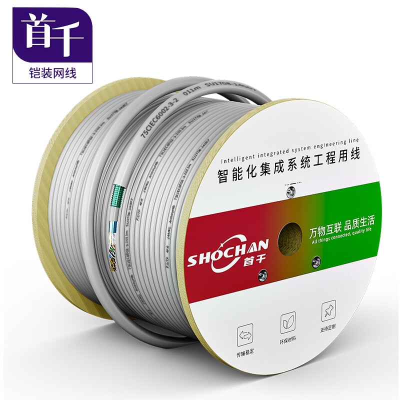 首千超五类铠装屏蔽网线防鼠咬室内外地监控路由器网络线无氧纯铜