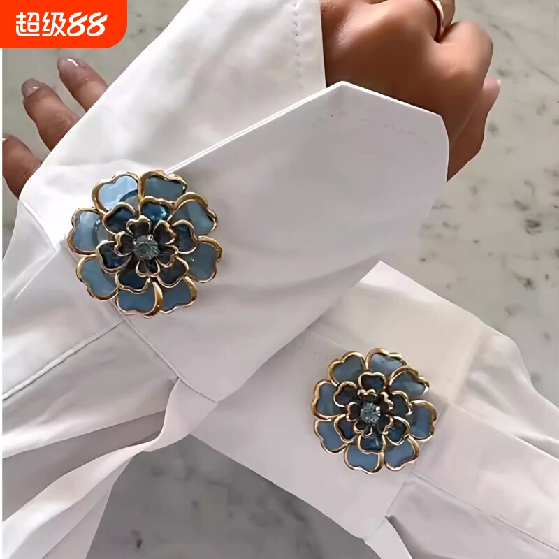 INS博主同款法式复古气质山茶花女式衬衫袖扣纽扣盖领扣装饰