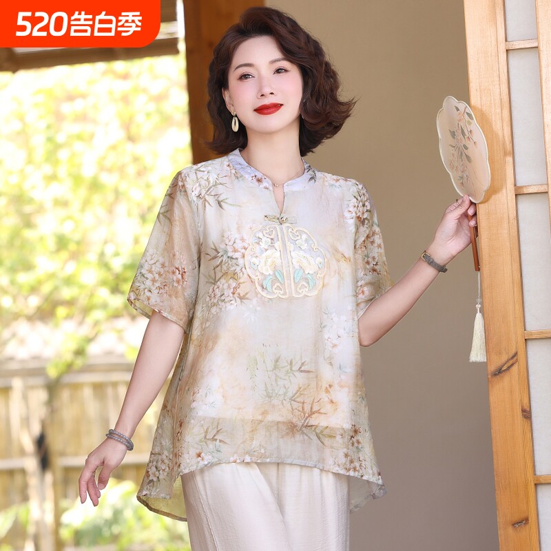 妈妈装夏装2025新款国风短袖衬衫中老年女夏季新中式棉麻套装大码