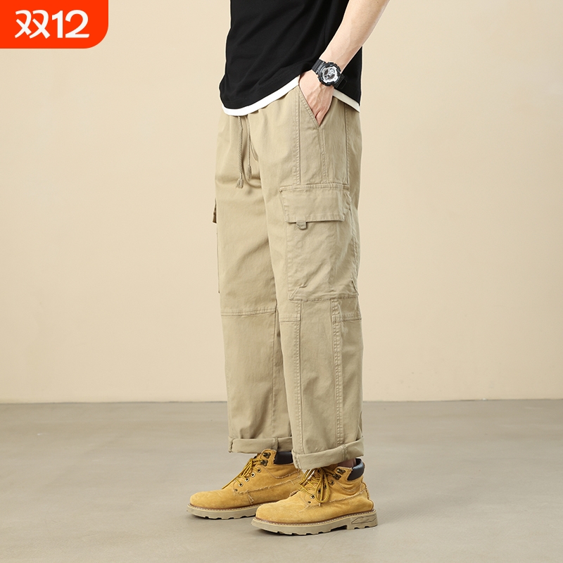 Meixcan/稻草人卡其色工装裤男款春秋款机能风潮牌休闲直筒裤子秋