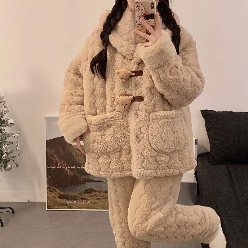 缪黛睡衣女秋冬季奶呼呼珊瑚绒三层夹棉冬天可爱小熊家居服可外穿