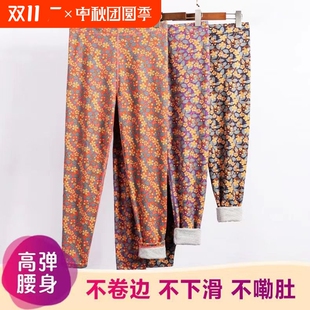 加绒新款 弹力德绒女士薄绒秋裤 碎花中老年妈妈加厚裤 大码 保暖裤