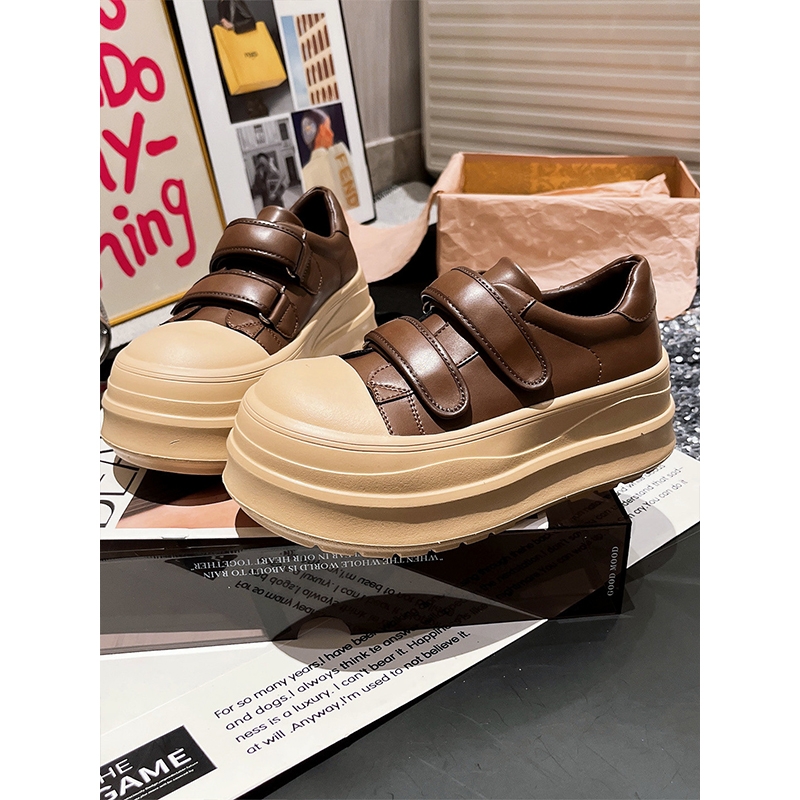 2025新款真皮娃娃头大头魔术贴厚底松糕小白鞋面包鞋休闲板鞋女鞋