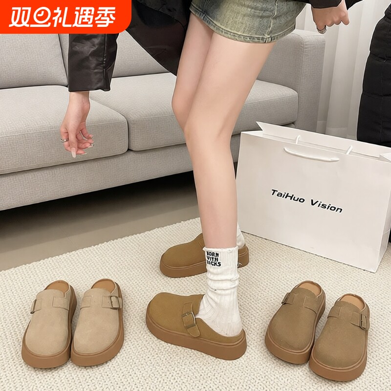 复古厚底勃肯包头半拖鞋女2025春季新款增高外穿懒人一脚蹬博肯鞋
