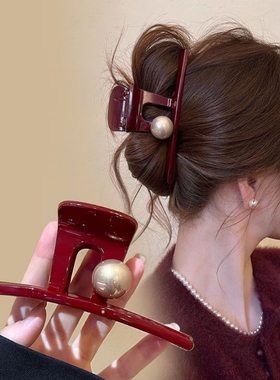 安可拉红珍珠抓夹大号发量多鲨鱼夹一字款发夹女后脑勺大抓夹