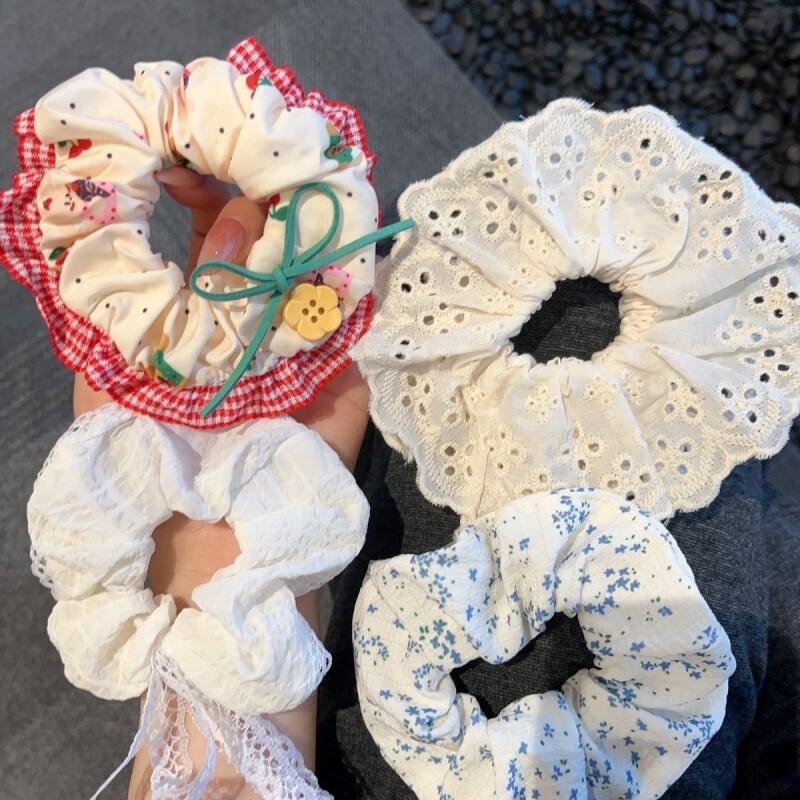 韩系发绳网纱大肠圈头绳发圈半扎马尾发饰2026新蕾丝红色波点蓝色