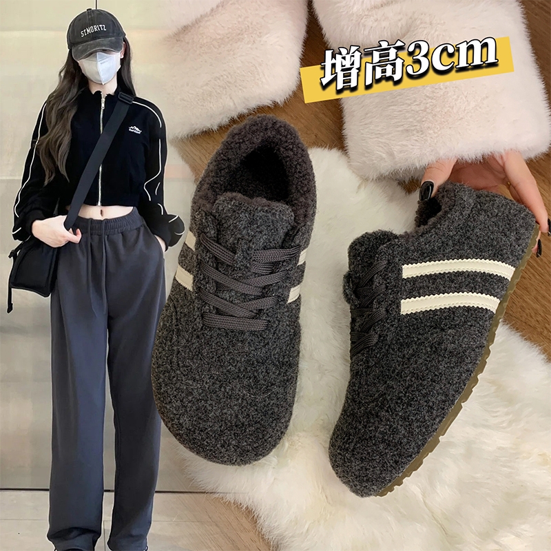 厚底毛呢加绒灰色德训鞋女2025新款秋冬季女鞋子爆款勃肯棉鞋雪地
