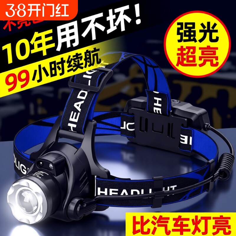 公牛适用头灯2025新款强光超亮头戴式强光充电户外登山钓鱼专用灯