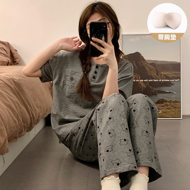 睡衣女夏季带胸垫一体短袖长裤棉质卡通高级感夏天薄款家居服套装