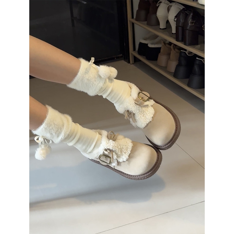 日系可爱蝴蝶结毛毛鞋女2025冬季新款圆头平底魔术贴加绒保暖棉鞋