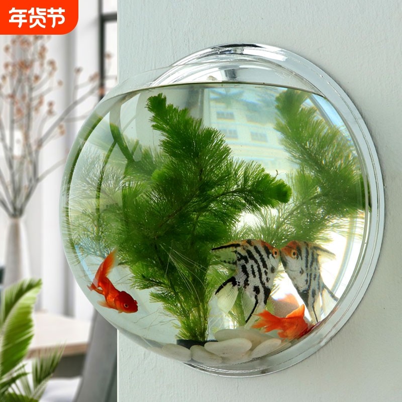 挂墙式生态鱼缸镜面迷你圆形小金鱼缸 铭威创意壁挂水族箱装饰