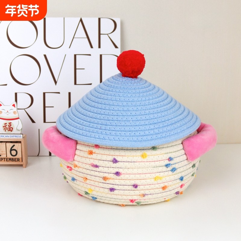 棉线编织收纳筐桌面零食杂物储物盒带盖卧室化妆品玄关钥匙整理篮