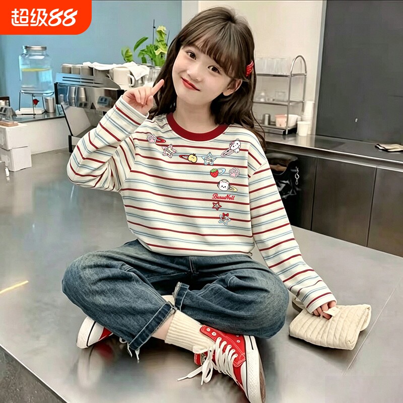 女童条纹T恤2026春秋装新款儿童洋气中大童休闲上衣女孩时尚打底图片