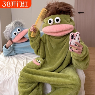 情侣丑鱼女款连体睡衣冬季珊瑚绒加厚保暖亲子搞怪大嘴怪睡袍加绒