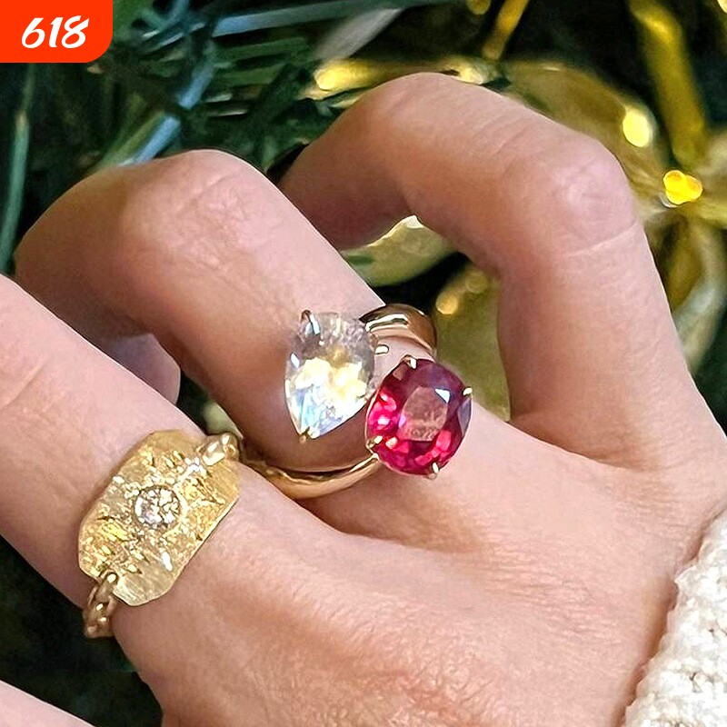 法式多巴胺水滴戒指高级感时尚轻奢镶嵌精致指环手饰品开口可调节