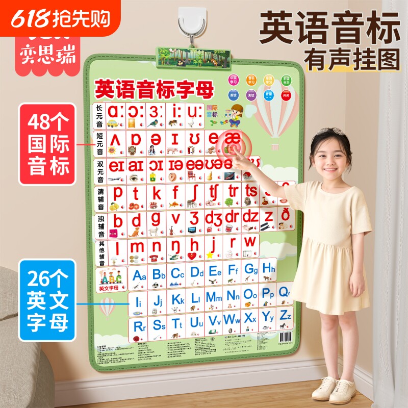 26英文字母表英语音标发音有声挂图48个国际单词自然拼读学习神器