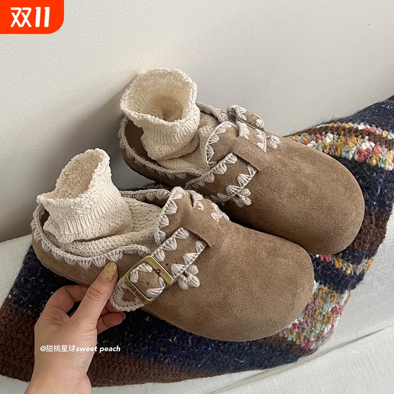 甜桃星球勃肯鞋半拖女外穿2025新款秋冬复古一脚蹬平底包头拖鞋