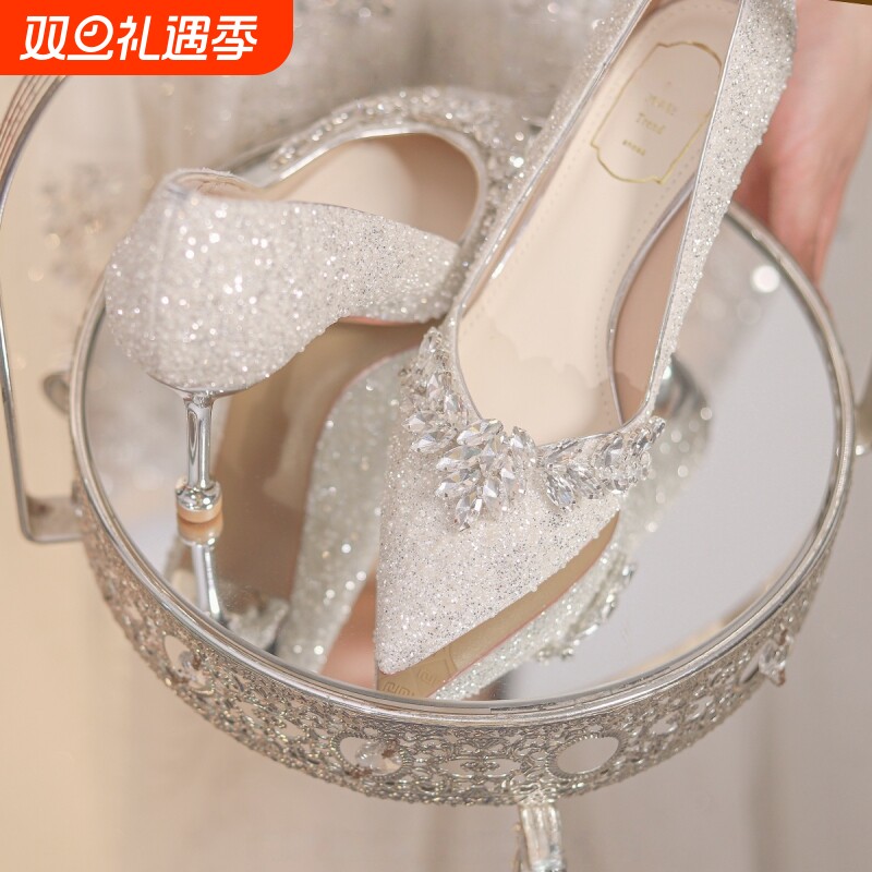 银色细跟婚鞋女主婚纱婚礼订婚新娘鞋2025新款夏季水晶绝美高跟鞋