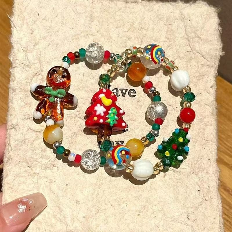 圣诞系列手绳圣诞树吊坠手饰品姜饼人圣诞编织手链小红书同款