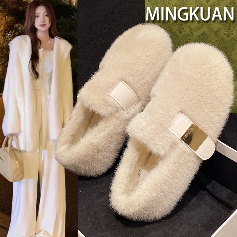 白色勃肯玛丽珍毛毛鞋女外穿加绒保暖水貂毛秋冬2025新款豆豆棉鞋
