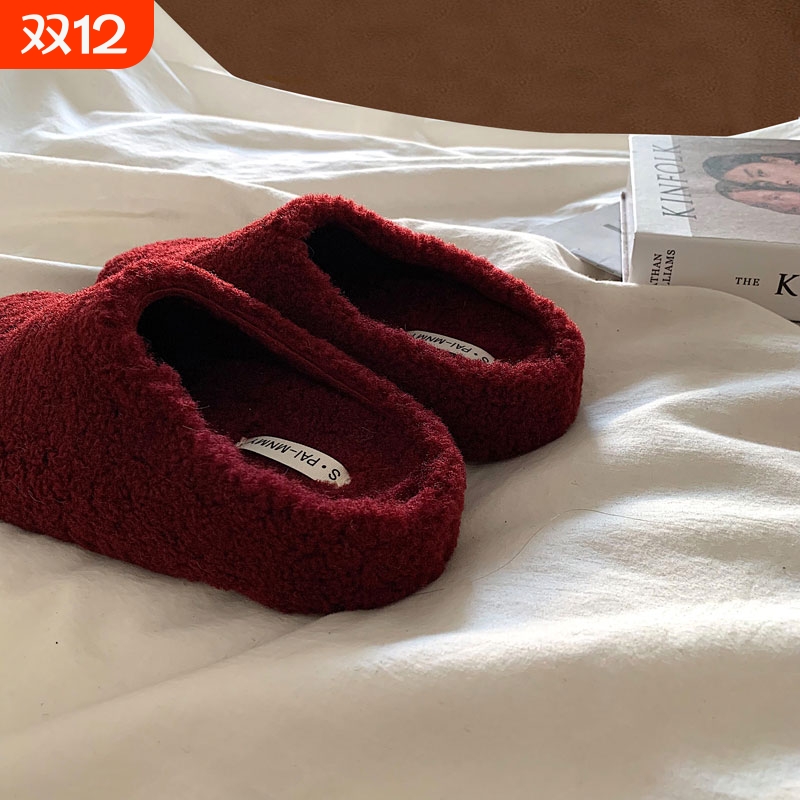安哥拉红～ins露思同款羊羔毛包头半拖鞋女冬外穿懒人毛毛棉拖鞋
