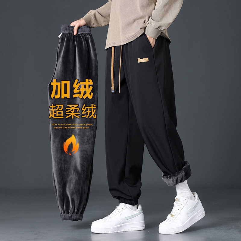 加绒加厚裤子男士秋冬季保暖棉裤束脚卫裤宽松冬天运动休闲长裤子