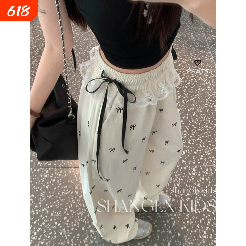 女童蝴蝶结蕾丝边冰丝裤子夏季中大童宽松洋气薄款速干裤休闲长裤
