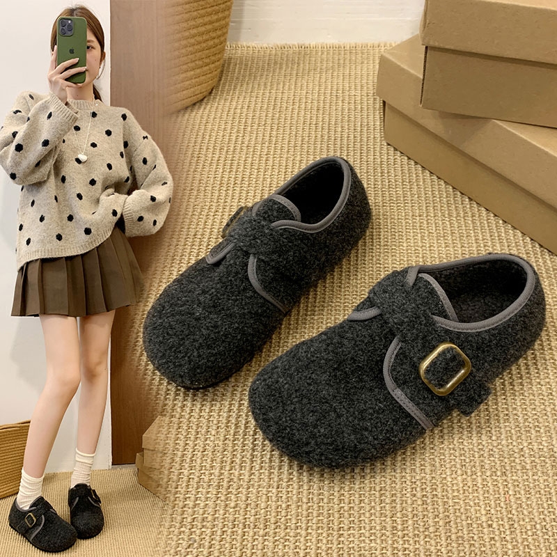 内增高厚底呢子灰色毛毛鞋女2025秋冬新款加绒保暖棉鞋单鞋勃肯鞋