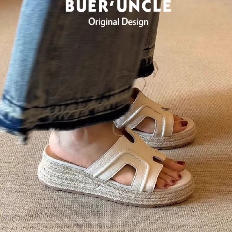 羊皮版赵露思同款凉拖鞋女夏外穿松糕鞋厚底高跟半拖鞋白色舒适