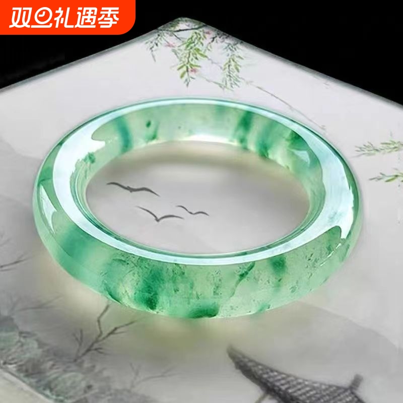 天然正品冰飘花非洲翠玉手镯独龙玉镯子高端高级感送妈妈礼物镯子