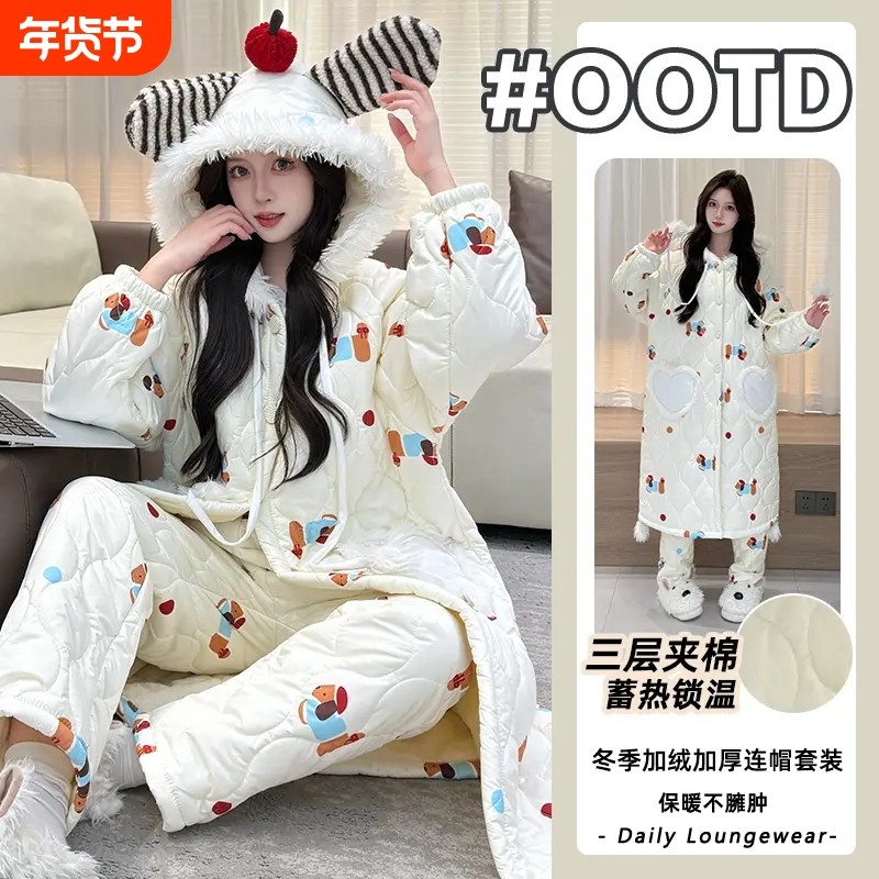 网红风卡通睡袍女款秋冬季珊瑚绒加厚睡衣大码女士三层夹棉家居服
