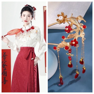 红色发簪结婚凤钗流苏步摇古风u型簪子新款发饰马面裙头饰发钗女i