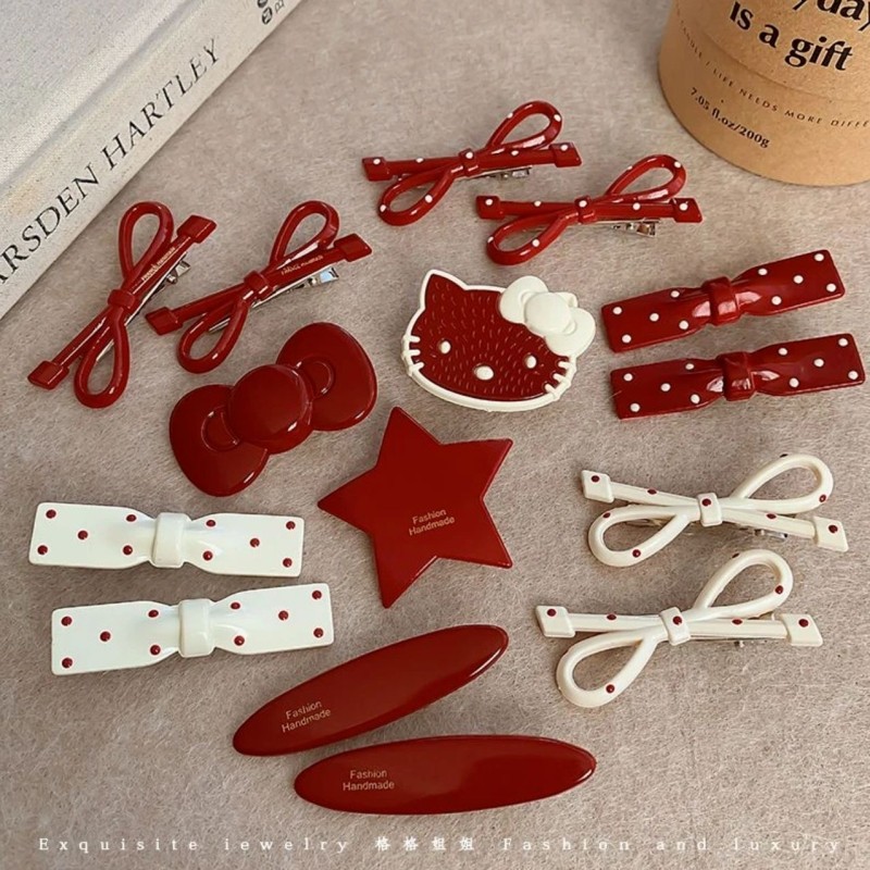 法式甜美红色大号蝴蝶结发夹高颜值女孩侧边夹饰品夹子五角星波点
