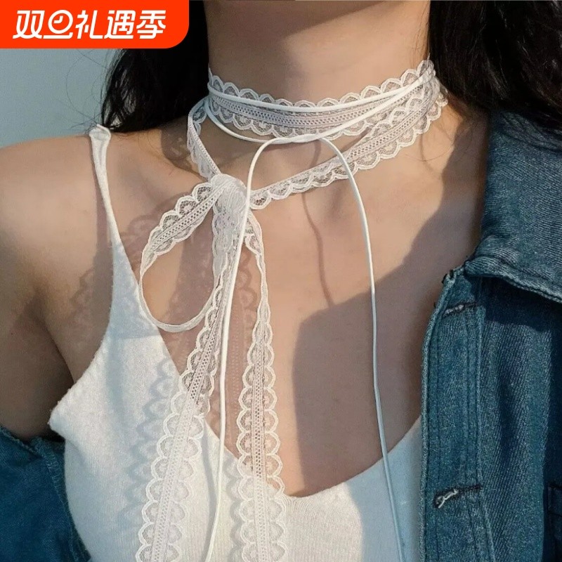 蕾丝飘带叠戴层次感设计蕾丝飘带细窄女春夏百搭锁骨颈带丝巾项链