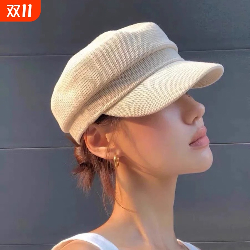 春秋季遮阳报童帽显脸小鸭舌帽女休闲简约画家帽白色黑色八角帽潮