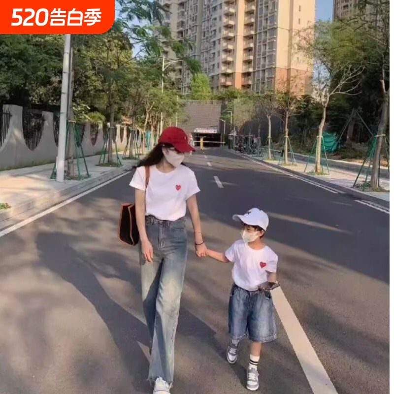 日系经典爱心T恤刺绣小红心纯棉白色短袖男女宽松亲子装半袖打底