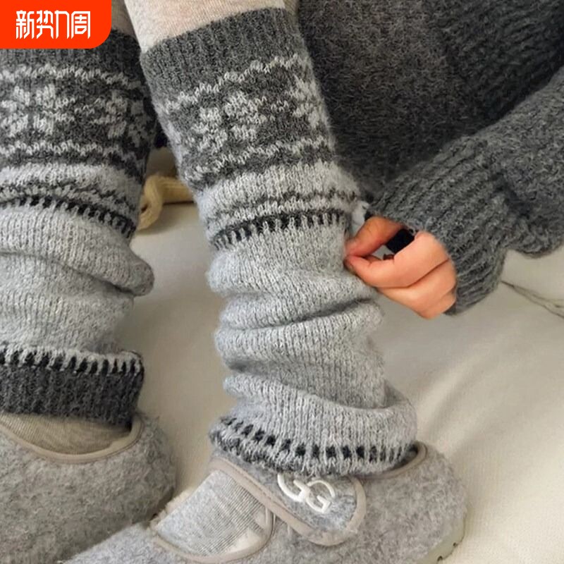 灰色费尔岛仿羊毛袜套堆堆袜配雪地靴女冬季加厚保暖加绒显瘦腿套