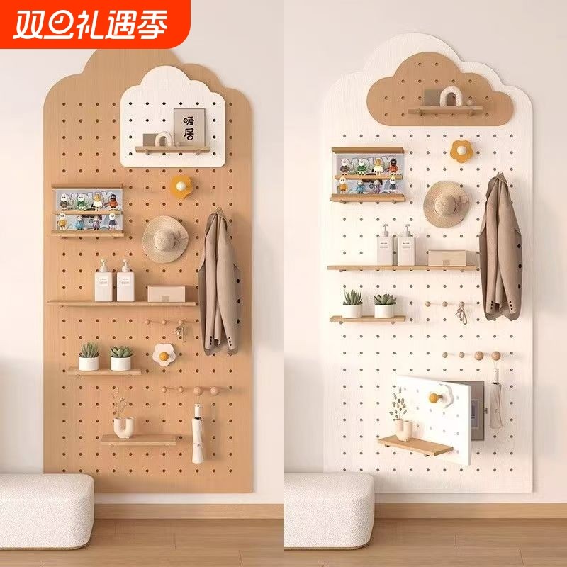 实木洞洞板装饰置物架入户玄关墙上展示架书桌背景墙上收纳挂架