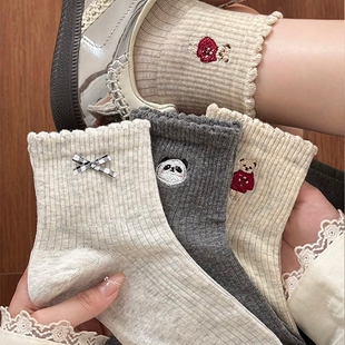 可爱刺绣袜子女纯棉花边蝴蝶结短袜秋冬吸汗透气2025新款 中筒 爆款