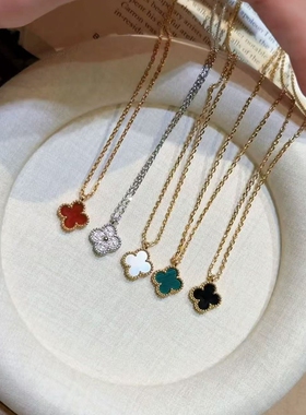 红码碯幸运四叶草项链女纯银镀18k玫瑰金轻奢锁骨链礼物红色贝母