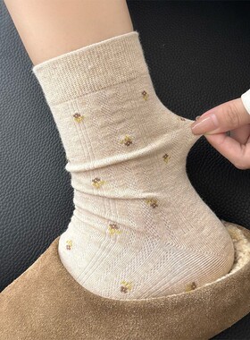 米色碎花秋季无骨堆堆中筒袜